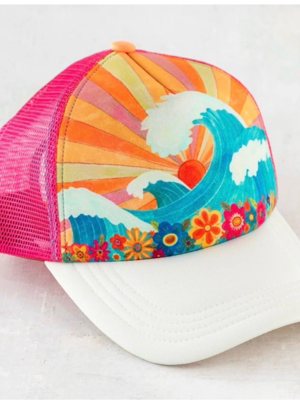 NATURAL LIFE Pink Trucker Hat Surf Wave Sunset Print Pink Mesh White Brim Boho